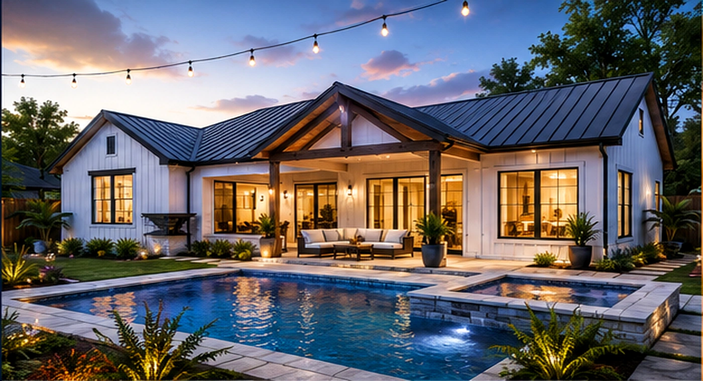 Illustrative backyard concept with pool, patio and landscaping